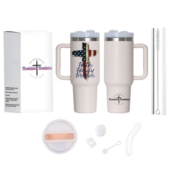 Faith Family Freedom Light Pink Patriotic 40 Oz Insulated Tumbler with Handle - Picture 4 of 4